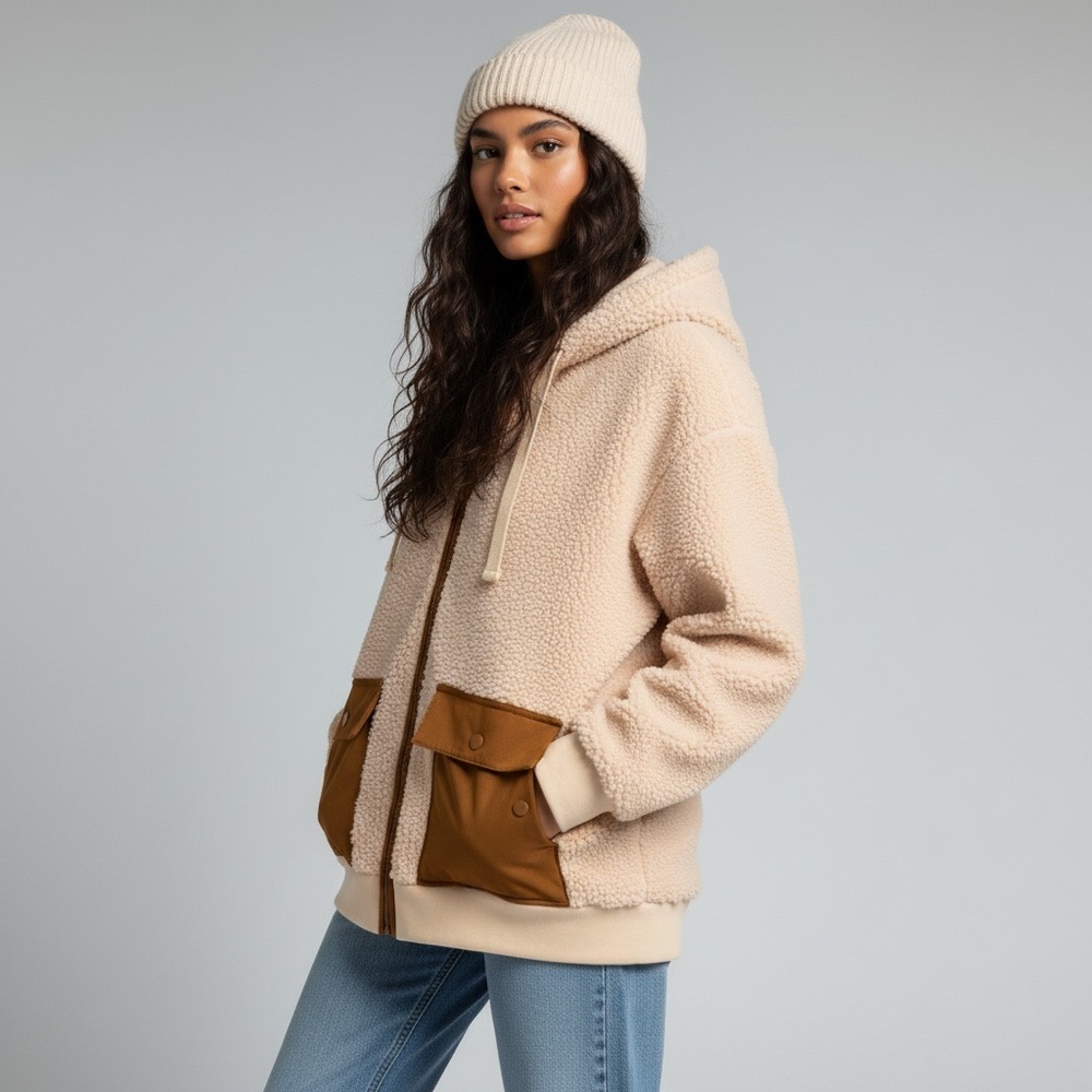 Madewell Cream Sherpa Utility Jacket with Brown Pocket Accents
